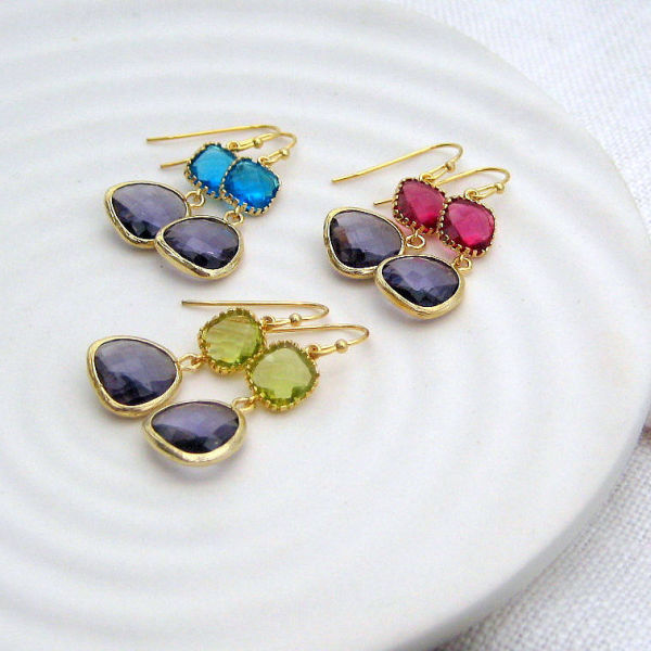 Gold Framed Glass Drop Earrings-evy designs