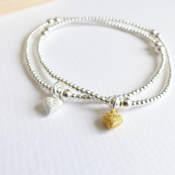 Sterling Silver Tiny Frosted Heart Beaded Bracelet-evy designs