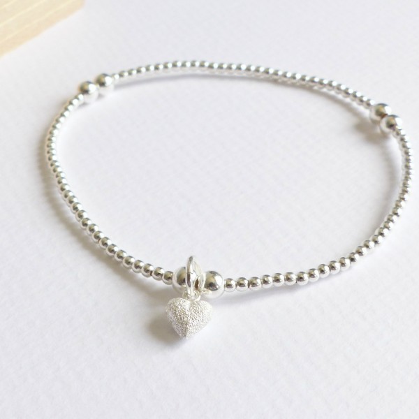 Sterling Silver Tiny Frosted Heart Beaded Bracelet-evy designs