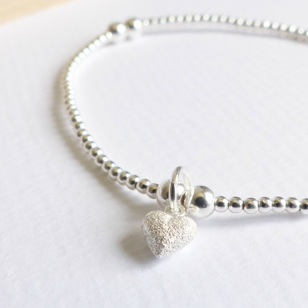 Sterling Silver Tiny Frosted Heart Beaded Bracelet-evy designs