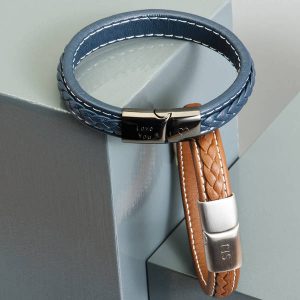 Mens Personalised Leather Strap Steel Bracelet - www.evy-designs.com